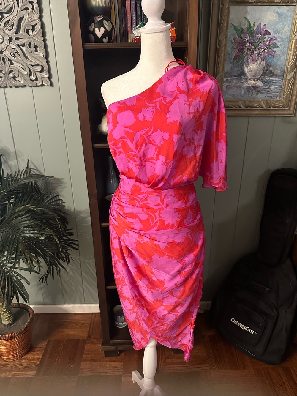 DO & BE One-Shoulder Pink and Red Floral Draped Dress NWT